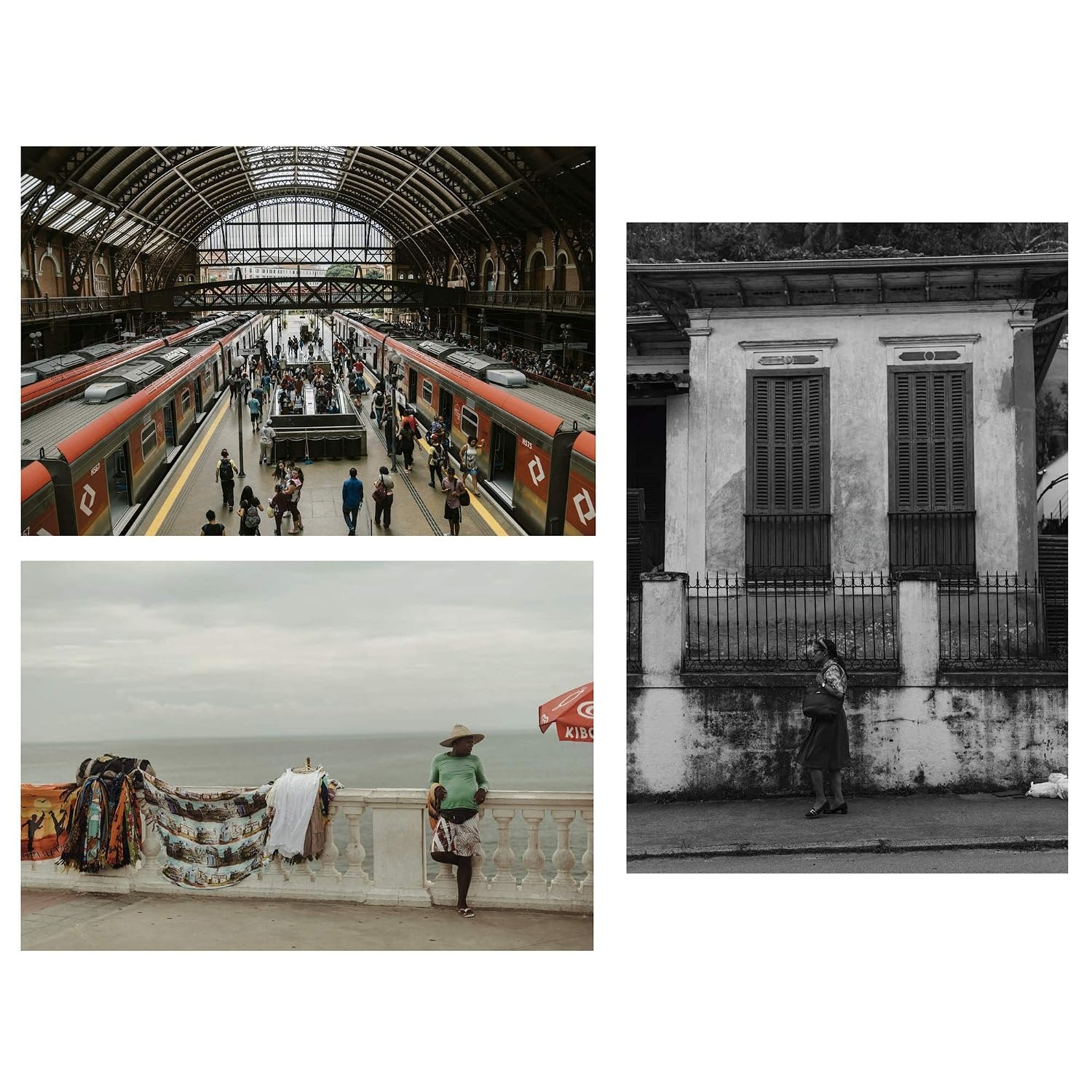 A selection from Next Door Journal: a busy railway station, a seaside vendor, and a person passing an old building